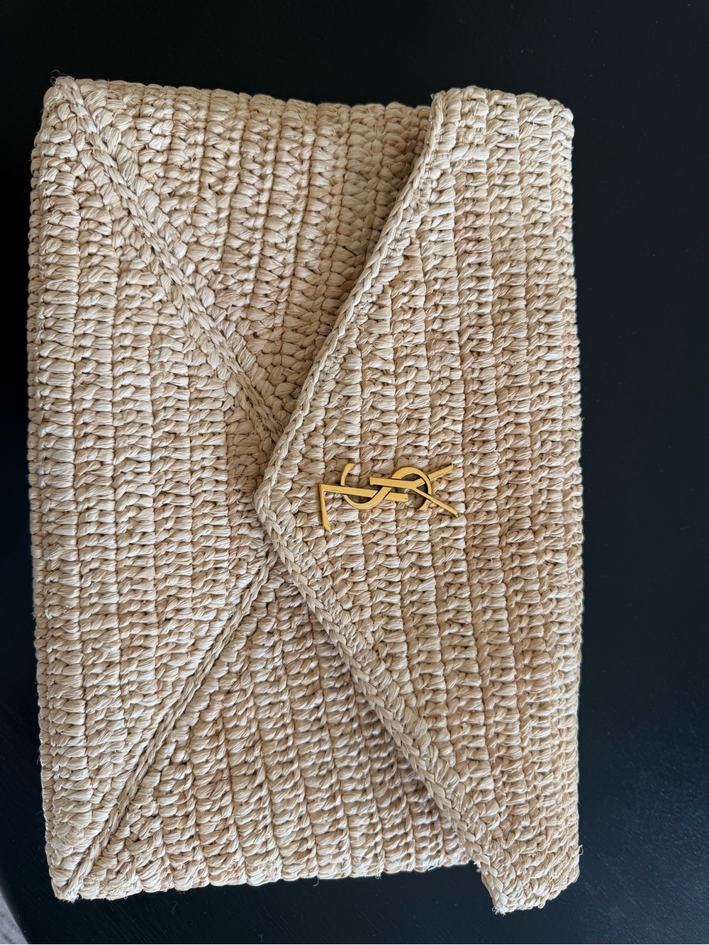 Saint Laurent Natural Raffia Envelope Clutch with Gold YSL Logo - Picture 8 of 11